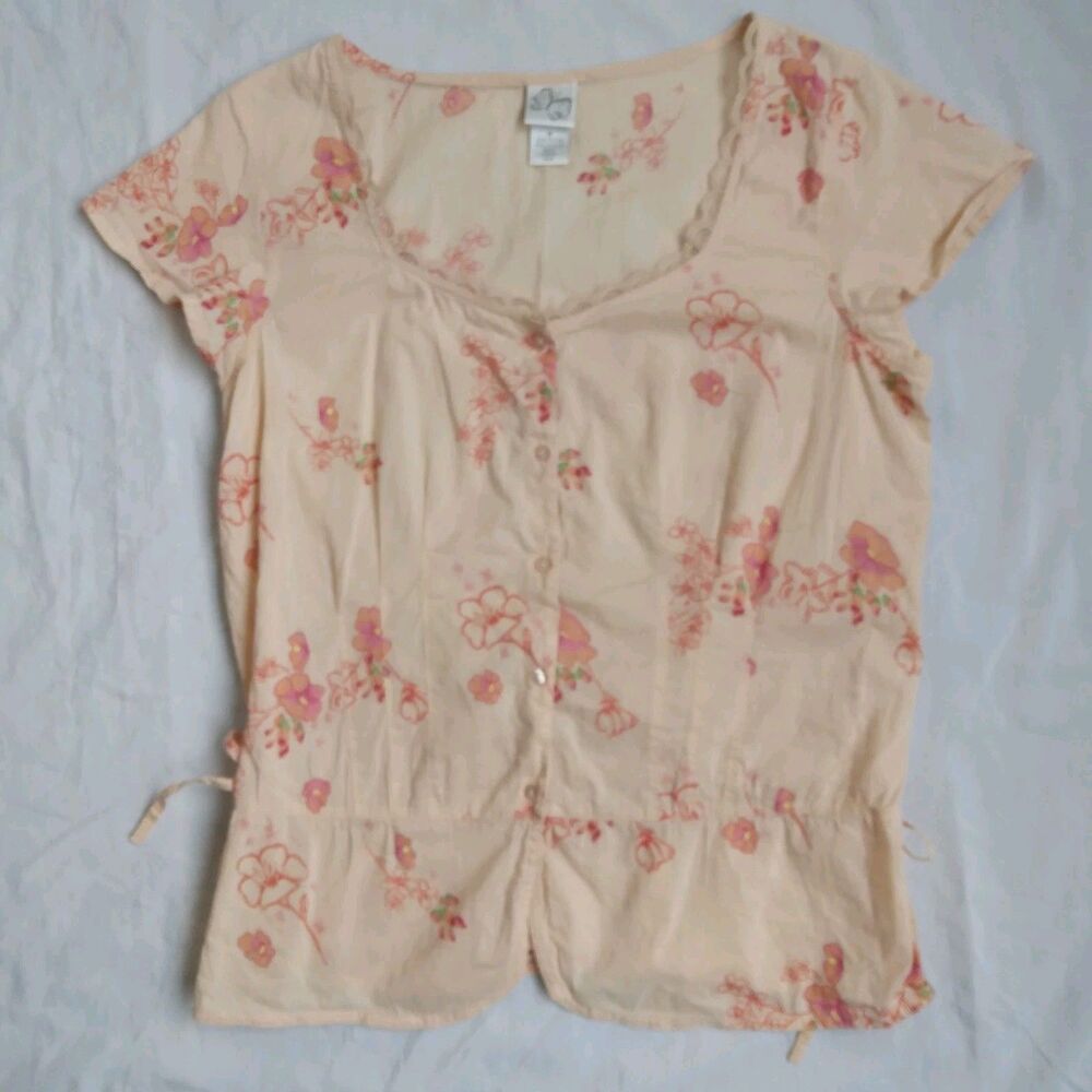 90s Y2K Fashion Bug Blouse Peach Floral Ties On The Sides Fairy Grunge Women's M